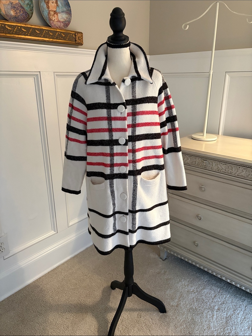 CAbi White Plaid Pea Coat with Black & Red Stripes